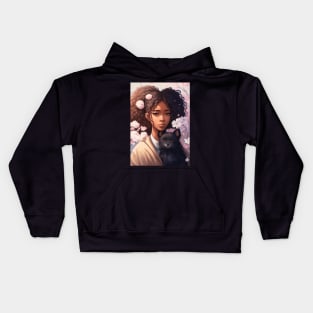 Floral Cute Anime black girl with her cute black dog Kids Hoodie